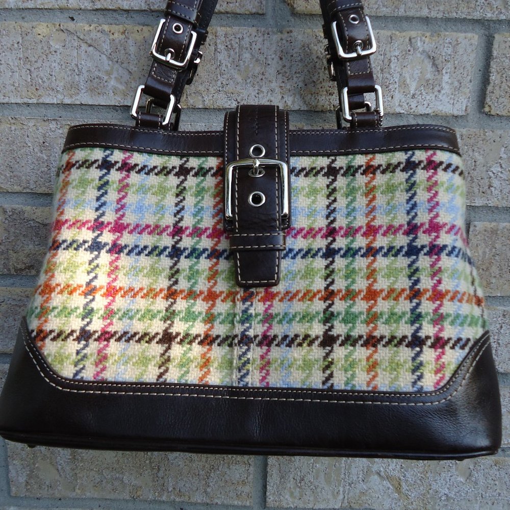COACH Brown Leather and Plaid Wool Satchel